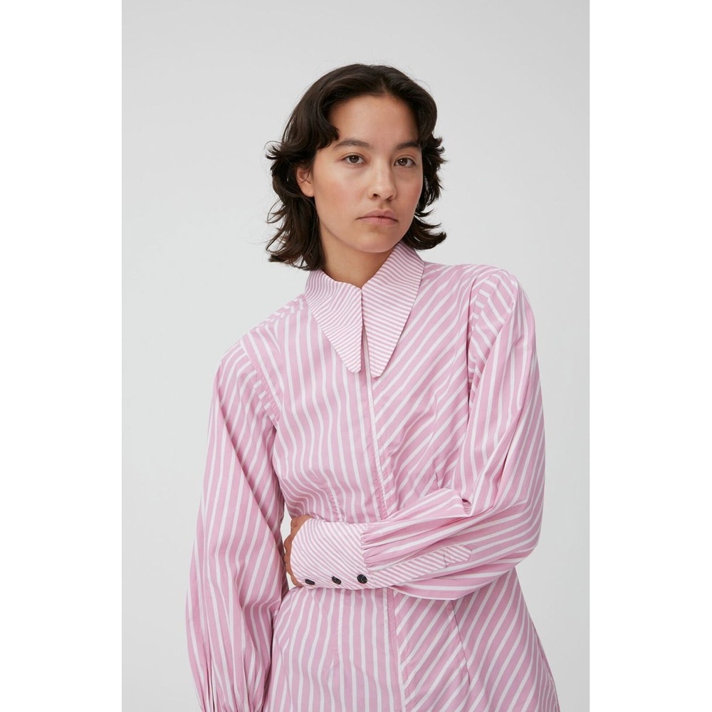 Ganni Pink White Striped Mini Shirt Dress Pointed Collar Long Sleeve Size 34